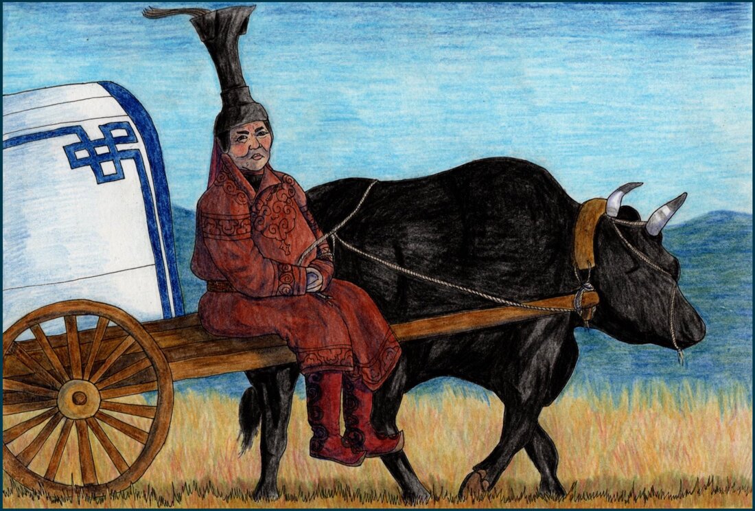 A middle-aged Mongol woman sits on an ox cart, frowning at the viewer. She is wearing a thick mahogany-coloured deel with cloud patterns embroidered on it in black. On her head she wears a tall black boqta hat with quills sticking out of the top and dark red ribbons hanging from its base. Her boots are tall and made of reddish leather with black cloud shapes decorating the sides. A large black ox pulls the cart through grass with a felt ger with blue embroidery positioned on the back of the cart.