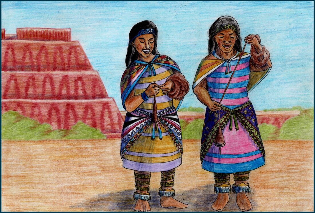 Picture. Two Andean women stand while using a drop spindle. Brown wool is wrapped around their wrists as they spin. The woman on the left is younger and smiles as she chats with the older woman on the right. They are wearing colourful striped dresses with elaborately woven hip cloths tied around their waists. They are standing on a flat plaza. In the background is a large red stepped pyramid. A long platform stretches out from the pyramid behind them, with trees obscuring some of it.