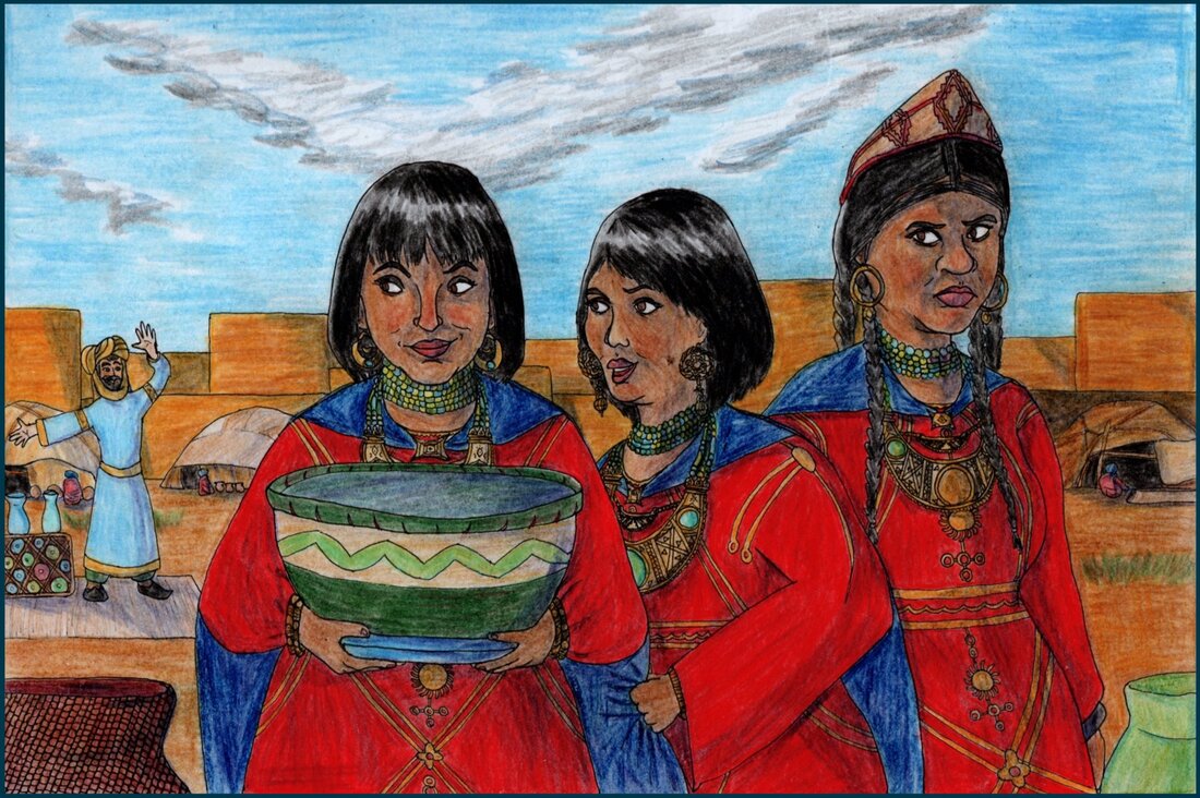 Picture. Three Tuareg women gather at a market. They are wearing red robes with gold embroidery and indigo cloaks. Two have short hair with a fringe, while the other wears her hair in long braids and has on an embroidered cap. Behind them is a market scene, with a merchant calling them over. The two short-haired women look interested and flirtatious, while the third woman frowns. One of the short-haired women holds a large bowl of green, blue and brown. All three of the women wear elaborate golden earrings, bracelets and pectorals, as well as glass bead necklaces.