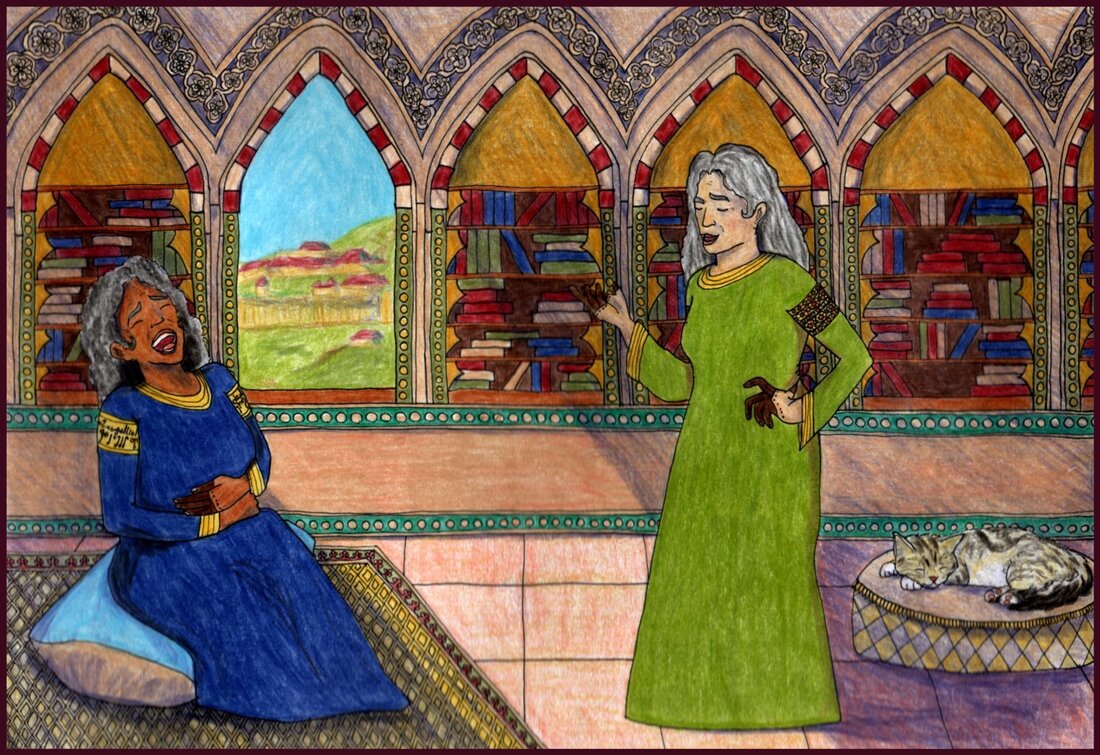 Picture. Two middle-aged women are in a medieval Islamic library together. One stands on the right in a green dress smugly reciting a poem. The other sits on the left in a blue dress, holding her stomach while laughing. A cat sleeps on a cushion and light shines onto the bookshelves from an open window showing distant buildings.