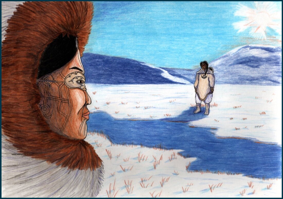 Picture. Two Alaska Native women face each other from across a stream. The landscape is snowy with mountains in the distance. One woman is in the foreground, her face surrounded by a furry hood. She is wearing ivory snow goggles and her face is tattooed with curving lines. The other woman is partially in shadow from the blinding sun and is dressed in a fur parka. She has a baby in her hood. 