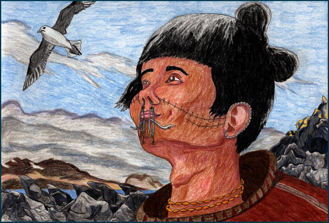 Picture. A transgender Indigenous woman smiles up at the sky. She has linear tattoos on her cheeks and chin. The skin beneath her lip is pierced with two long stone labrets, and she has amber and bone beads hanging from her nostrils. Her hair is tied back in a bun, and her bangs move gently in the breeze. Behind her is a rocky coastal landscape and distant mountains. A northern fulmar flies overhead.