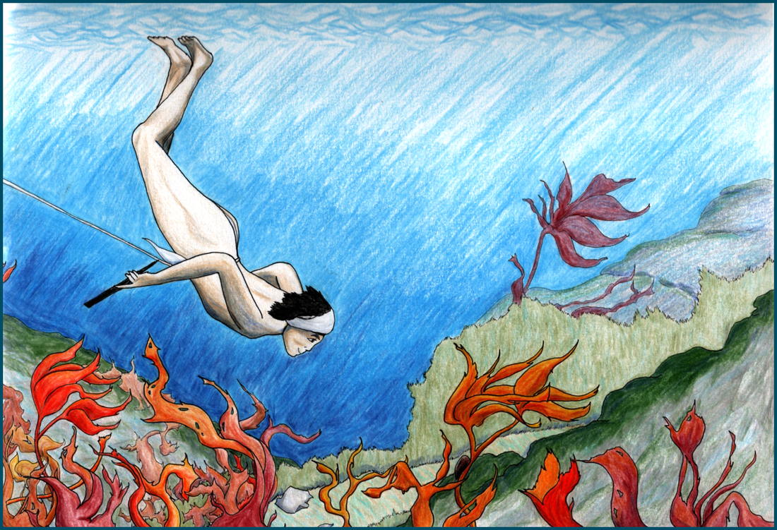 Picture. A Japanese woman dives underwater. She is wearing a loincloth and a white bandana. A string is tied to her waist, and she holds a long and sharp black tool. She is swimming otwards an abalone shell nestled among orange underwater plants and mossy green rocks. The woman has a slight smile on her face.