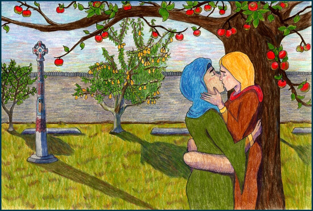 Picture. Two white nuns kiss against a tree in an orchard. One has her legs wrapped around the other while she is pressed against an apple tree. The apples hang from branches above them. The orchard also has a hazelnut tree and a pear tree, with stone grave slabs laid into the grown between the trees. A painted high cross casts a long shadow that doesn’t quite reach the women.