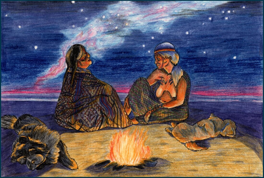 Picture. Two middle-aged Indigenous Patagonian women sit around the fire. They are both wearing guanaco skin cloaks with intricate patterns painted on the outside. The one on the left looks up at the constellation Cruz, while the one on the right gazes at her with a fond smile. There are two dogs sleeping by the fire on either side. Behind Cruz is a long pink and blue nebula in the night sky.