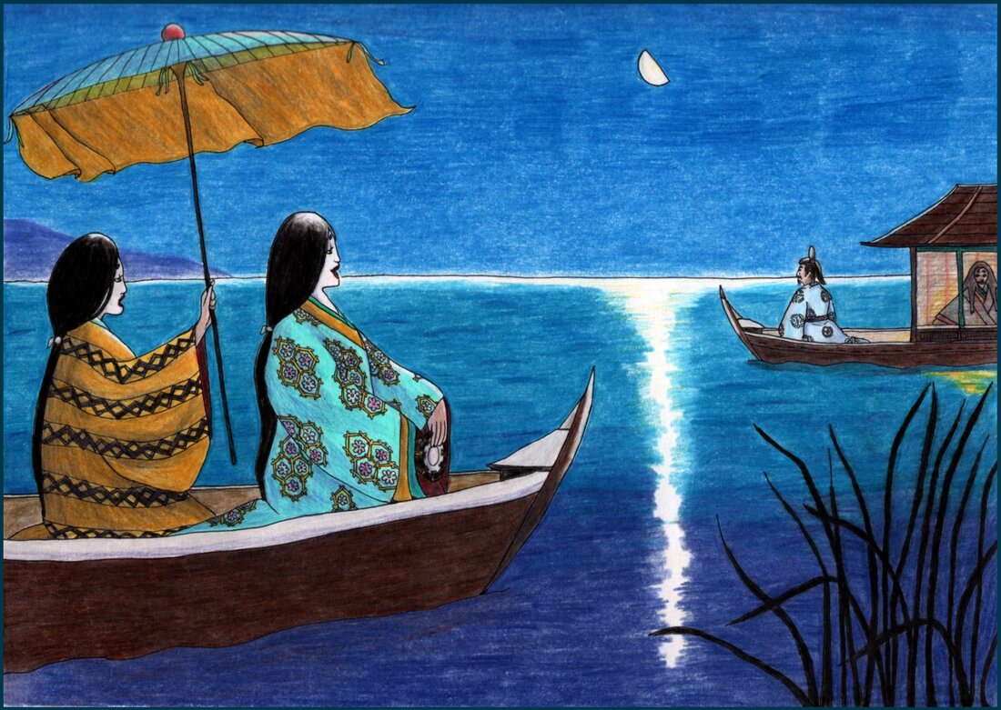 Picture. Two Japanese women in yellow and blue robes are on a small skiff. One woman holds a yellow parasol while the other sings and plays a small drum. It is night, and they are approaching another boat in the distance. On that boat is a splendidly dressed nobleman gazing at the moon. His sister is also well dressed but partially hidden behind wooden blinds.
