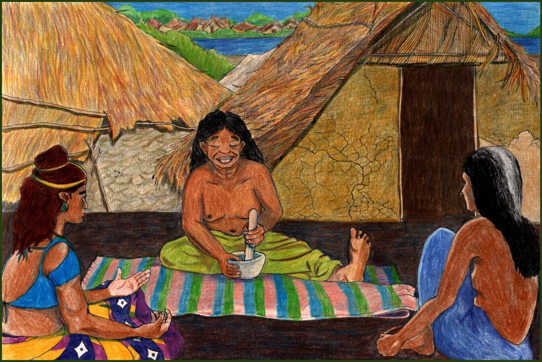 Picture. Three women sit on the ground in front of a row of mud huts. The central woman is sitting on a striped blanket. She wears a simple green skirt and is singing while pounding sesame seeds with a mortar and pestle. On the left, a richly dressed woman sits in a meditative pose. On the right, a woman with a simple blue skirt sits watching pensively. In the distance are a river and more mud huts.