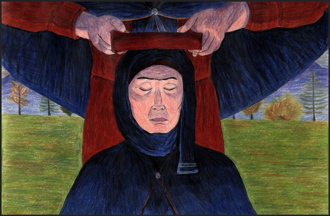 Picture. A middle-aged white woman kneels with her eyes closed. She is dressed in the dark robes of an Orthodox nun. Another person stands behind her holding a book on her head. Behind them is a grassy plain, autumnal trees, and distant hills.