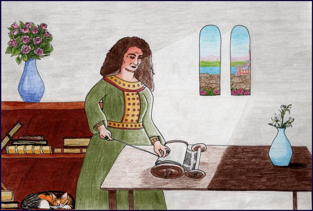 Picture. Bonna A Jewish woman with bushy brown hair quietly sews a Torah scroll. The scroll is on a table illuminated by the light from two windows. The view out the windows shows flowers, rooftops, and a red cathedral in the distance beside a river. Behind the woman is a bookshelf where a cat sleeps next to stacks of books. A vase of roses sits on top of the bookshelf and a vase of lillies is on the table next to the Torah scroll.