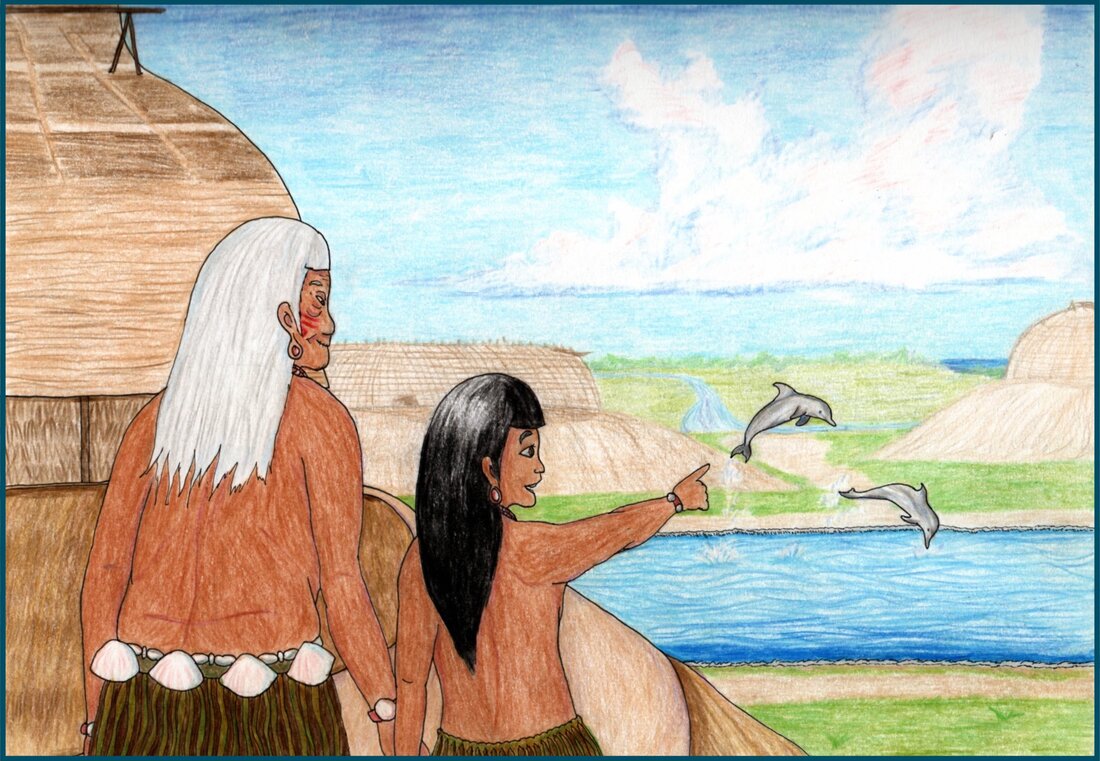 Picture. An elderly Indigenous woman and her young teenage granddaughter walk up a path. The path leads to the top of a mound where a large round house is built of wood and thatch. The girl is pointing towards a canal in the distance, where two dolphins leap into the air. Beyond the dolphins are more mounds with houses on them and a distant canal. The grandmother has red face paint, and both wear shell earrings and bracelets. Their skirts are made of dried plants, and the grandmother has large shells tied to the skirt around her waist.