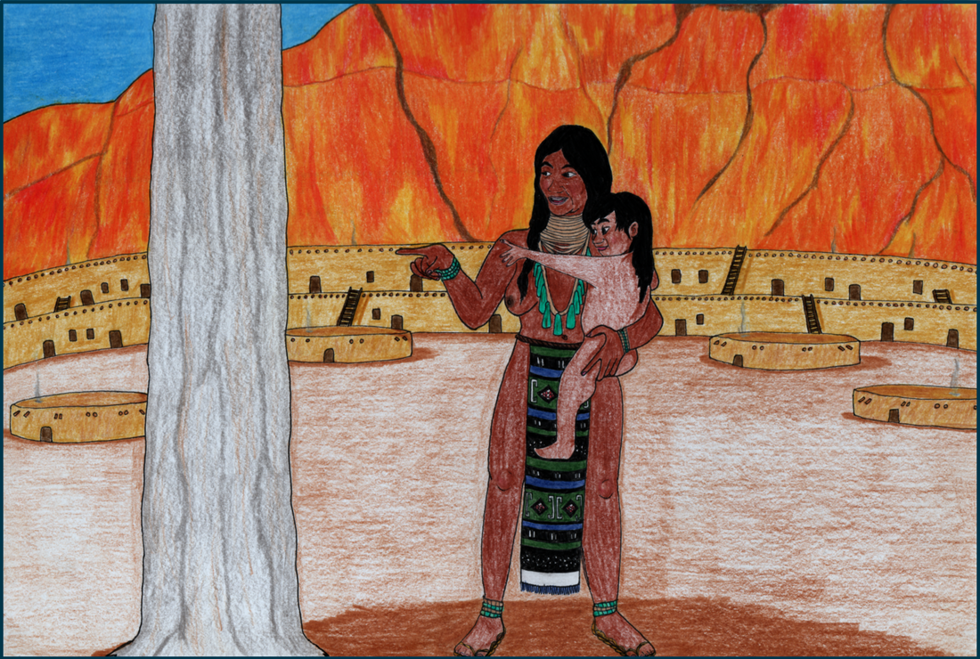 Picture. A Native Puebloan woman holds a toddler girl. She is showing the girl a ponderosa pine trunk that stands in the middle of a desert courtyard. A two-storey adobe building curves behind them, and there are circular structures called kivas dotted around the courtyard. A fiery orange canyon and a bright blue sky form the backdrop. The woman is wearing turquoise jewellery, a finely woven textile, and yucca sandals.