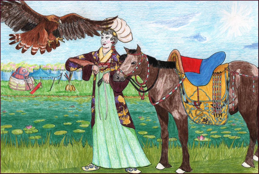 Picture. A Central Asian woman stands next to a small brown Mongolian horse. The woman is dressed in gilded robes with gold and red jewellery. She is holding out her arm for an eagle to land on. The horse wears a golden saddle ornamented with jade. Behind them is a pond with lillies, and beyond that a tent as part of their camp.