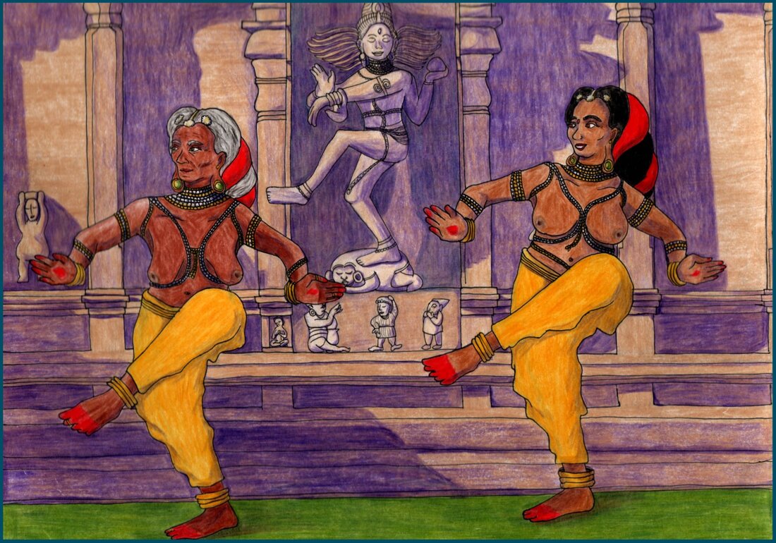 Picture. Two Indian women dance in front of a temple. Their toes and fingers are painted red. One woman is elderly and the other is an adult. Their poses are the same as the statue of Shiva behind them on the temple with one leg raised. The younger woman smiles while looking at the older woman.