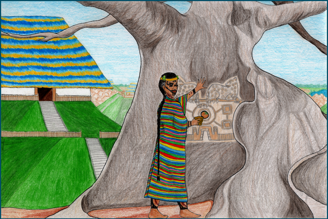 Picture. An Amazonian woman stands before a giant kapok tree. Her face, arms and ankles are painted with black and red ink, and her hair is in a long braid. She's wearing a rainbow striped cloak and a golden headband with carved jade frogs on it. She is making an offering with a golden cup to the tree. The tree is carved with an image of jaguars guarding a city. In the distance are temples whose roofs are thatched with yellow and blue macaw feathers, and a city stretching out to the horizon.