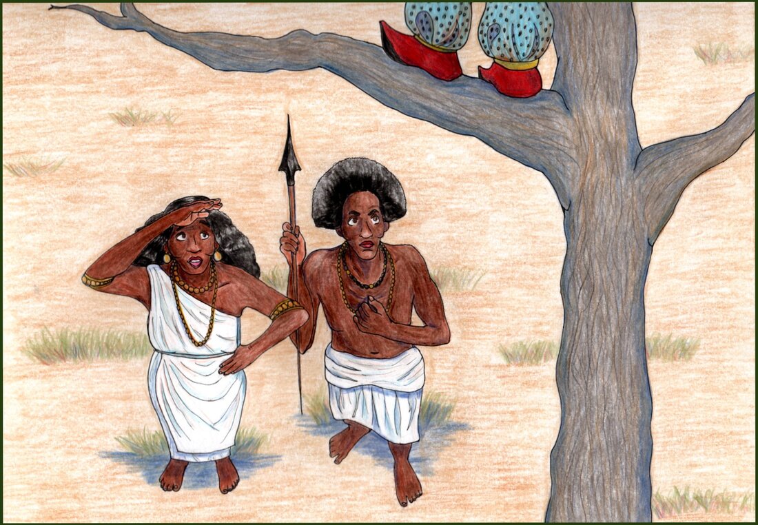 Picture. A Black Somali woman and her brother look up at a tree. They are wearing white robes and golden jewellery. They are standing in a desert. The woman is shielding her eyes from the sun and her brother is holding a spear. In the tree, the feet of a man wearing red shoes and blue polka dot trousers is visible.
