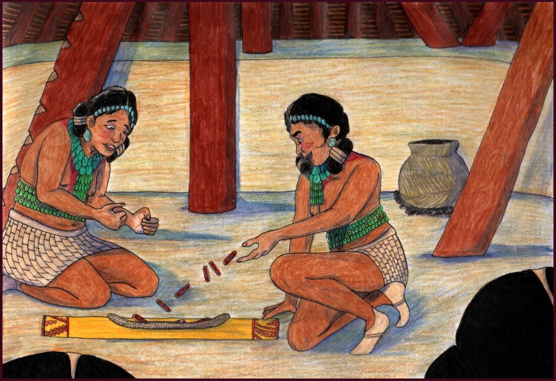 Picture. Two Native American women are kneeling inside a pit house. They are wearing necklackes, headbands, and belts of turquoise. One woman is throwing dice down into a basket while the other watches eagerly.