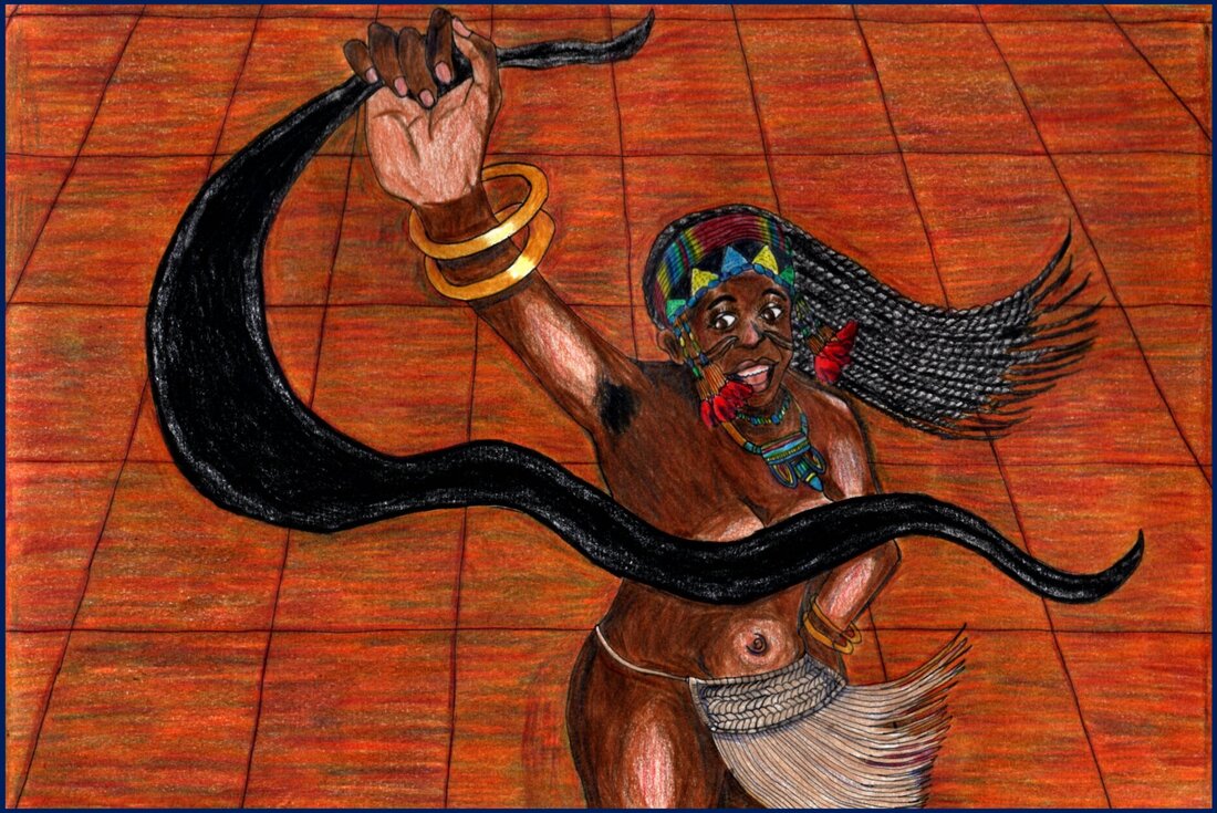 Picture. A Black woman dances on a reddish floor. She is waving a long black piece of fabric as she dances. Her dreadlocks and her woven skirt sway with her movements. She is grinning and has facial scarification on her cheeks. She wears a colourful beaded headband and necklaces in blue, yellow, green and red, and shiny copper bracelets on her wrists.