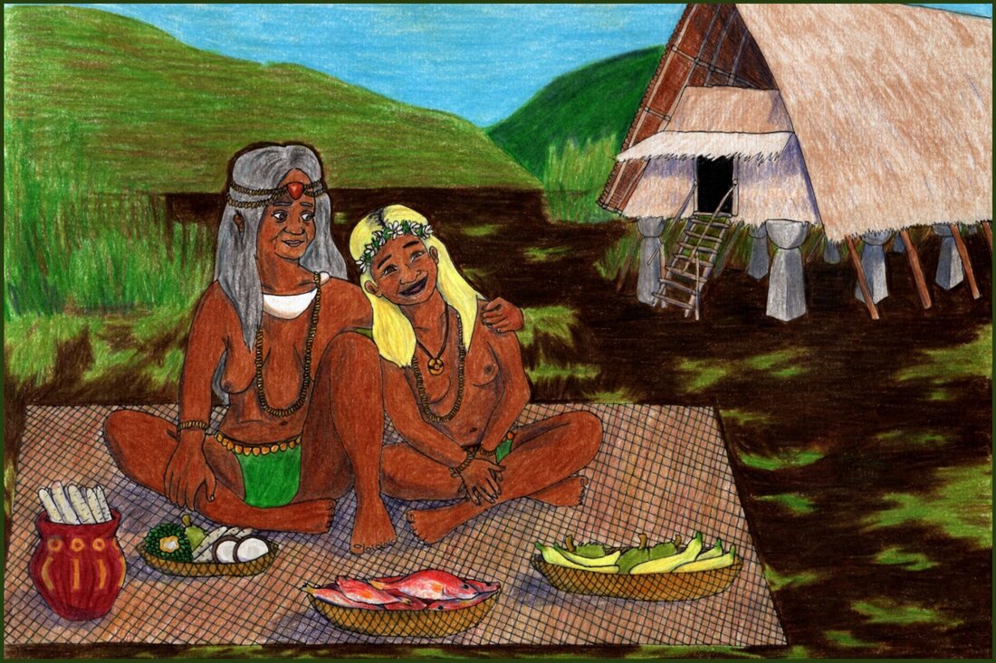 Picture. An elderly Chamorro woman sits on a mat next to a young Chamorro woman. The older woman has her arm around the girl’s shoulder. They are wearing green loinclothes with shells hanging from the waistband and necklaces made out of shells. The young woman has her hair dyed blonde and her teeth stained black. They are sitting on a mat with baskets of fruit, fish and vegetables in front of them. Behind them to the right is a latte house raised up on stone pillars. In the distance are grass and mountains.