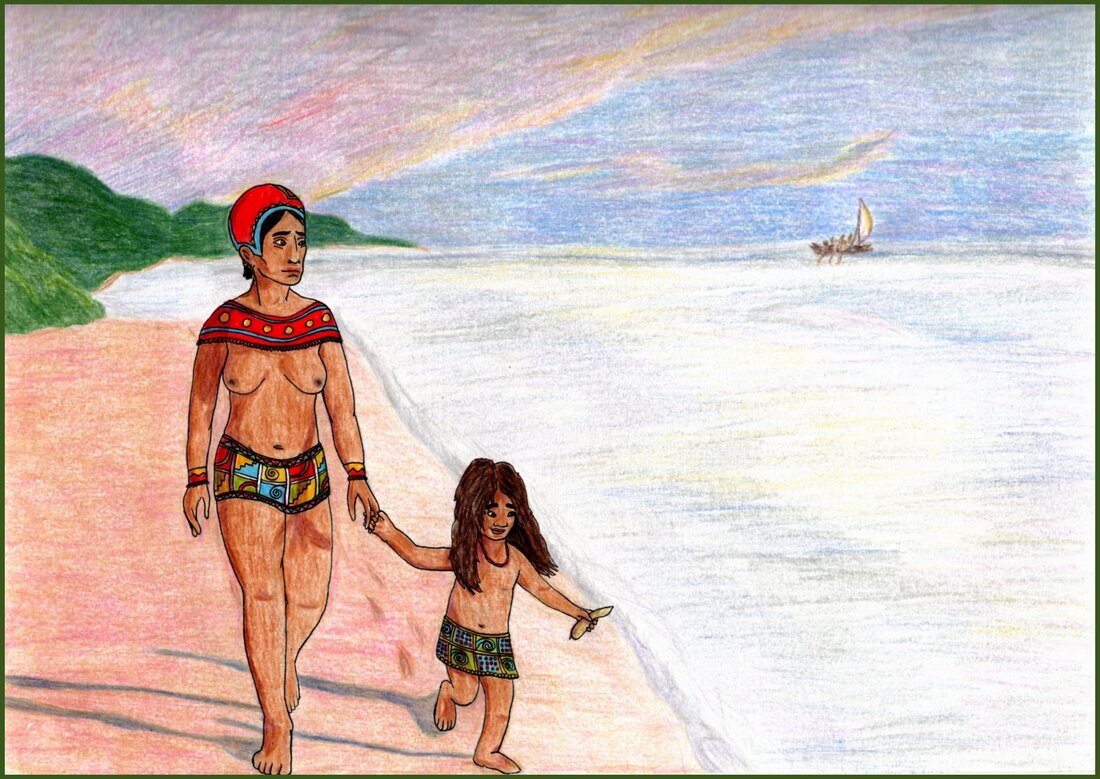 Picture. A Native Bolivian woman walks along a beach holding the hand of her young daughter. The woman wears a red and blue cap over her short hair, a red patterned mantle over her shoulders, and a short skirt with blue, green, yellow and red designs. Her daughter wears a similar skirt and a shell necklace, and is holding a sweet potato. In the distance a boat with sails appears on the horizon. The little girl watches the waves happily, while the mother looks more pensively out on the water.
