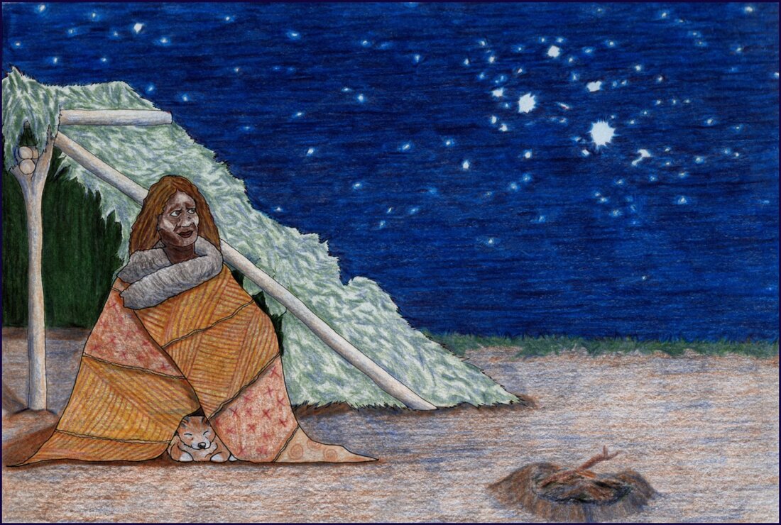 Picture. An Aboriginal Australian woman of the Wiradjuri nation sits wrapped in a possum-skin cloak. Huddling for warmth with her is a dingo puppy. They are sitting outside her lean-to shelter at night. The woman is smiling up at the Pleiades in the night sky.