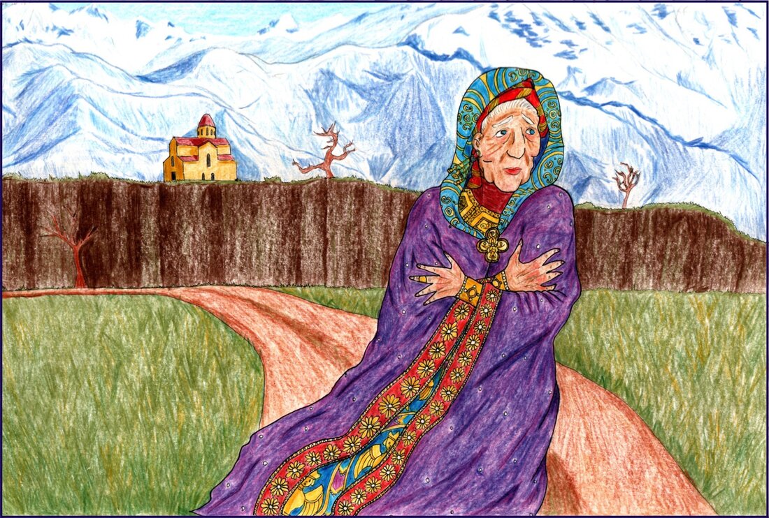 Picture. An old white woman in pearl-studded purple robes holds herself for warmth. She is walking down an outdoor path away from a cliff, atop of which stands a yellow church with a red roof. Behind the church are tall snow-covered mountains. The woman's cloak is clasped with a golden cross pendant, and hints of her gilded clothing and gold jewellery are visible where her cloak is blowing in the wind.