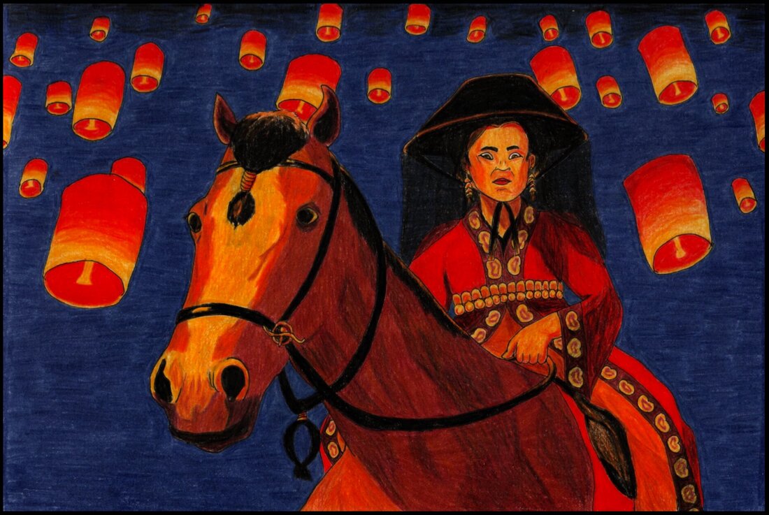 Picture. A Korean woman sits on a horse at night. Behind her rise up red sky lanterns. She is wearing a red coat decorated with golden embroidery; a belt and earrings of gold; and a black hat with a long black veil hanging down from it behind her. She holds the reins of the horse and looks down at the viewer with a stern expression.