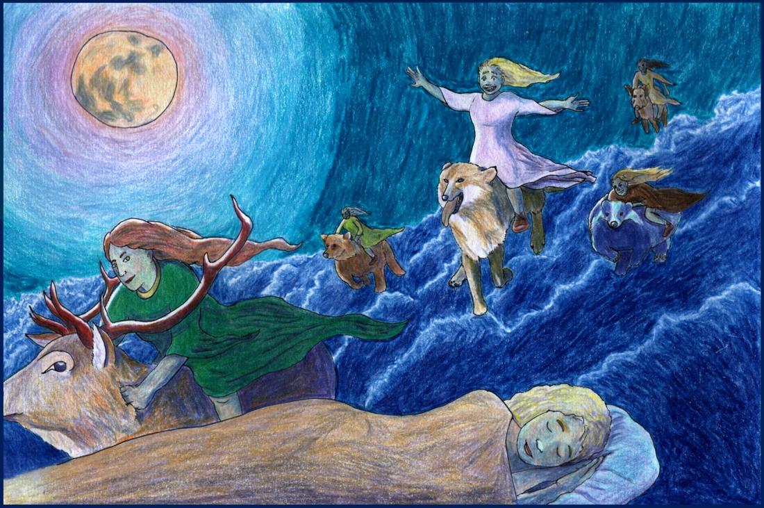 Picture. A blonde white woman lies sleeping on a pillow in the foreground. Above her is a fantastical scene. She and a group of other women are riding wild animals through the moonlit sky. Their leader is a woman with a mysterious smile riding a stag. The other four women ride a wolf, a bear, a badger and a boar.