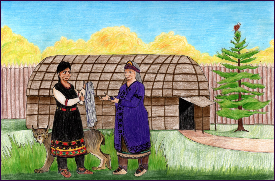 Picture. Two Native women stand in front of a longhouse. Jigonsaseh, the woman on the left, is wearing a black dress and leggings decorated in red, gold, and green. Her moccasins have bells on them. She is handing a wampum belt to the woman on the right, a Clan Mother wearing a purple dress and headband. Behind Jigonsaseh is a lynx. The longhouse stands next to a white pine tree with an eagle perched on top of it. Behind the longhouse are a wooden stockade and trees in autumnal yellow colours.