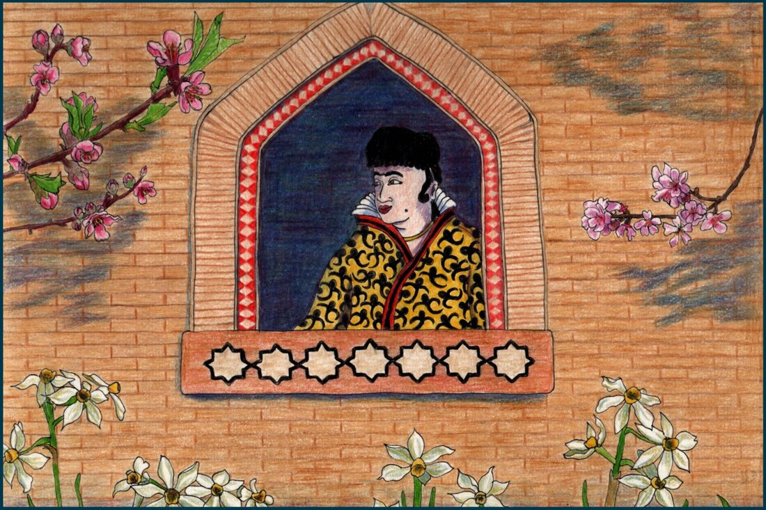 Picture. An Uzbek woman sits looking out from a lancet window. She is wearing a golden kaftan with black trefoil patterns over a white shirt with a fan-shaped collar. Below the window there are daffodils, and on either side of it there are branches of peach and almond trees with pink blossoms.