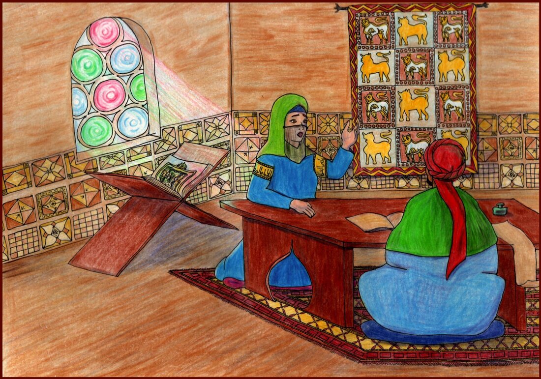 Picture. A man and woman sit across from each other at a table. The woman wears robes and a transparent veil over the lower half of her face. The man wears robes and a turban. She is teaching him while he sits with paper and an ink bottle. A tapestry with lions hangs behind them. The wall is covered in decorated tiles. A stained glass window casts blue, pink and green light on a Koran sitting under the window.