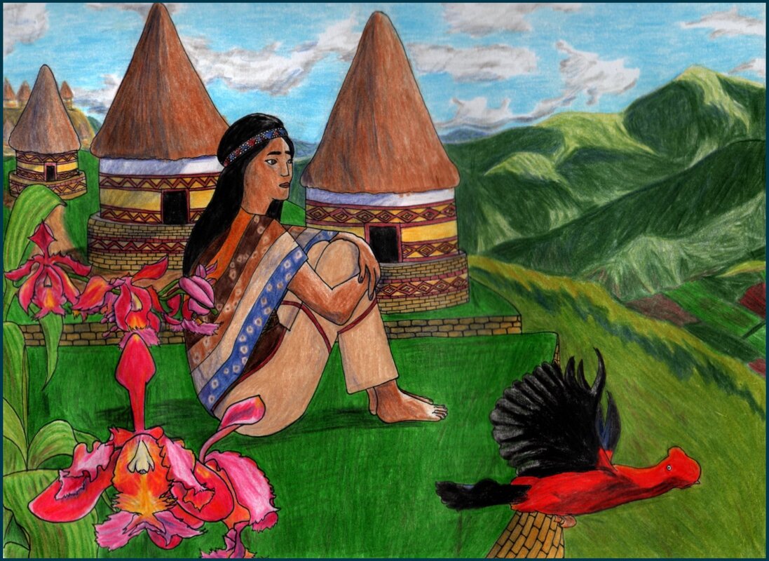 Picture. A Native Peruvian teenage girl sits on the grass. She is sitting at the edge of a walled city. Orchids loom in the foreground and an Andean cock-of-the-rock flies past her. Behind her across a gap in the wall are round houses with diamond and rhombus designs on them. Beyond the wall are distant mountains and clouds.