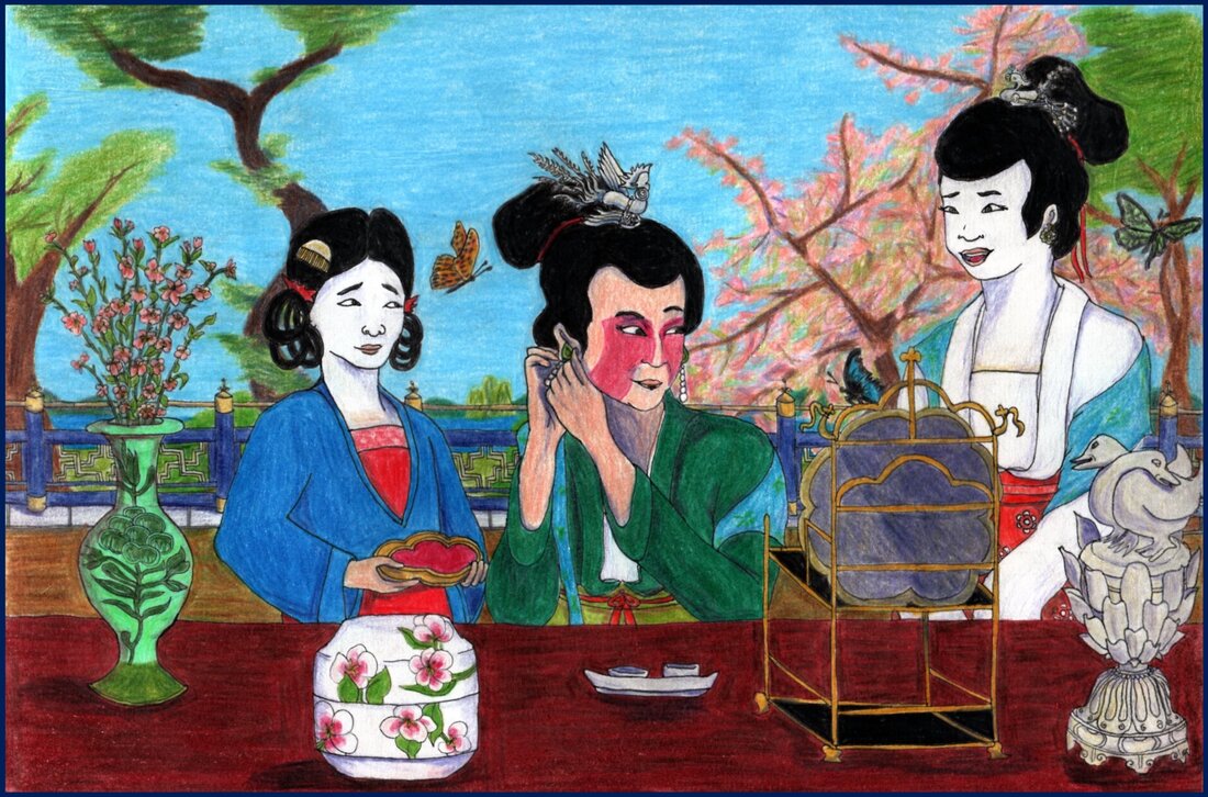 Picture. A Chinese woman is sitting at a table putting on her earring. She is flanked by a Chinese girl and a Chinese teenager. All three are dressed in historical clothing. The girl wears a blue robe over a red dress and has her hair tied in ringlets on either side of her head. She is holding a container full of magenta makeup. She is distracted by a butterfly. The woman in the centre is wearing magenta makeup on her face and a deep green robe. A large silver phoenix hairpiece sits atop her hair, which is tied in a bun with red ribbon. The teenager has a similar hairstyle and hairpiece but wears white, blue and red. On the table in front of them is a mirror in a bronze stand with a butterfly perched atop it; an ivory incense censer in the shape of two mandarin ducks intertwined above lotus petals; a small ceramic tray with cups in it; a large white ceramic container with pink flowers; and a green vase full of peach blossoms. A third butterfly flutters behind the teenager’s head but she doesn’t notice it, focused on the central woman. A gate and flowering trees are in the background overlooking a large pond.