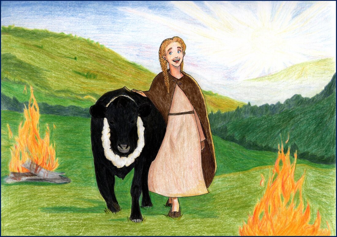Picture. A young white woman smiles and sings as she leads a black cow between two fires. The cow has white flowers around its neck. The woman wears a simple brown dress and woollen cloak. Behind them, the sunrise spreads across the hills.