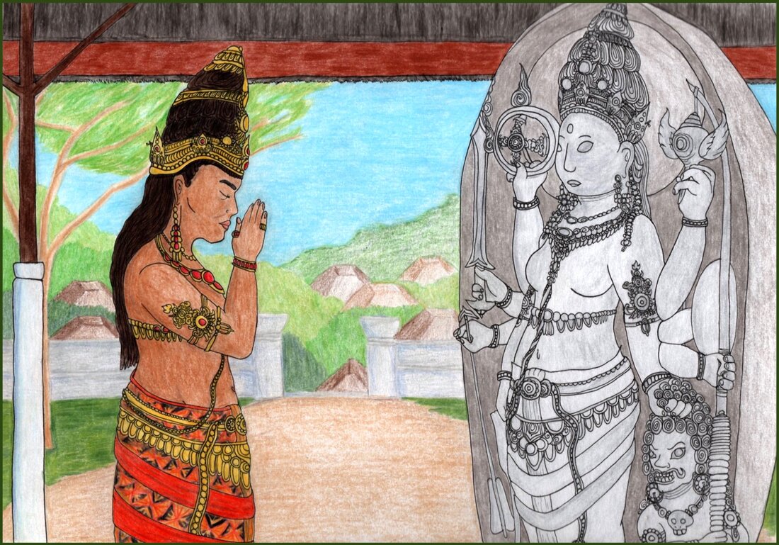 Picture. An Indonesian woman bows before a statue of the goddess Durga. She is wearing her hair in dreadlocks arranged around a golden crown. She wears an orange skirt and copious amounts of golden jewelllery. The statue is grey but wears much of the same clothing, though the statue has eight arms. The arms hold weapons and sacred implements. One of the statue's hands holds the hair of a demon. Behind them is the temple wall and entrance, and distant buildings in the trees.