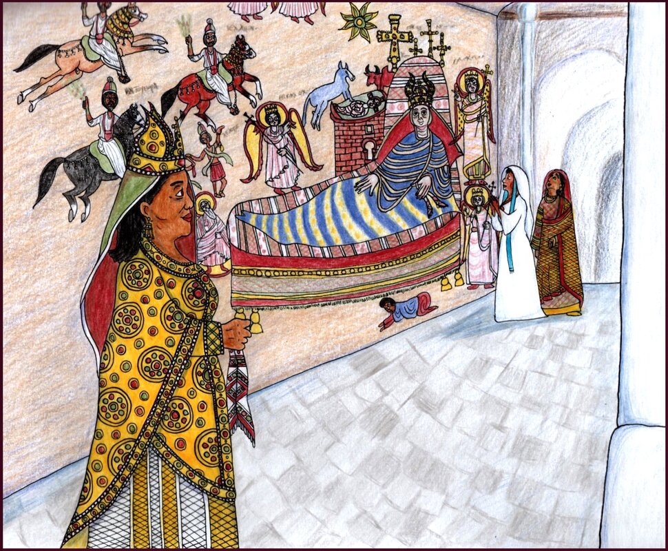 Picture. A Black woman in a gem-studded golden robe stands in a church. She is wearing a golden crown over a green and red veil. Her hair is braided and she holds an embroidered handkerchief. She is standing in front of a wall with an elaborate medieval mural on it. The mural shows the Virgin Mary reclining on a couch. Her crown and veil match the ones that the queen is wearing. The mural is a Nativity scene with angels, animals, and the Three Wise Men arriving on horses. Two other women look at the mural. One is dressed all in white like a nun and is praying, while the other is dressed in gold, green and red robes and looking up at the wall in awe.