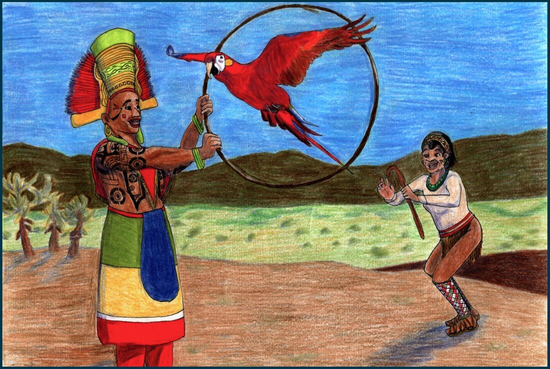 Picture. A Mexican woman holds a hoop while a scarlet macaw flies through it. A Native American woman stands to the right and slightly in the background, holding a stick which the parrot has just left from. The two women are smiling. The woman holding the hoop is wearing an elaborate headdress of jade, gold and macaw feathers. Her torso is heavily tattooed and she wears a long bright multicoloured skirt. The woman with the stick is wearing a pale tunic, turquoise necklaces, a headband, a string apron, and diamond patterned leggings. Cacti, a valley, and mountains are in the distance.