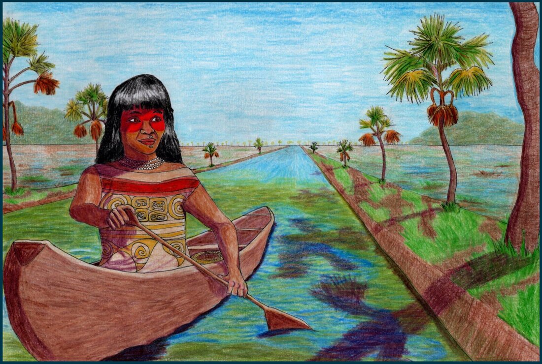 Picture. An Indigenous Amazonian woman paddles a dugout canoe towards the viewer. She is rowing down a canal that is flanked on either side by an earthen causeway lined with palm trees. In the distance there are two forested islands overlooking a flooded savanna. The woman has red pigment on the top half of her face, small plugs above and below her lips, a shell necklace, and a short-sleeved dress decorated in pink and gold patterns.