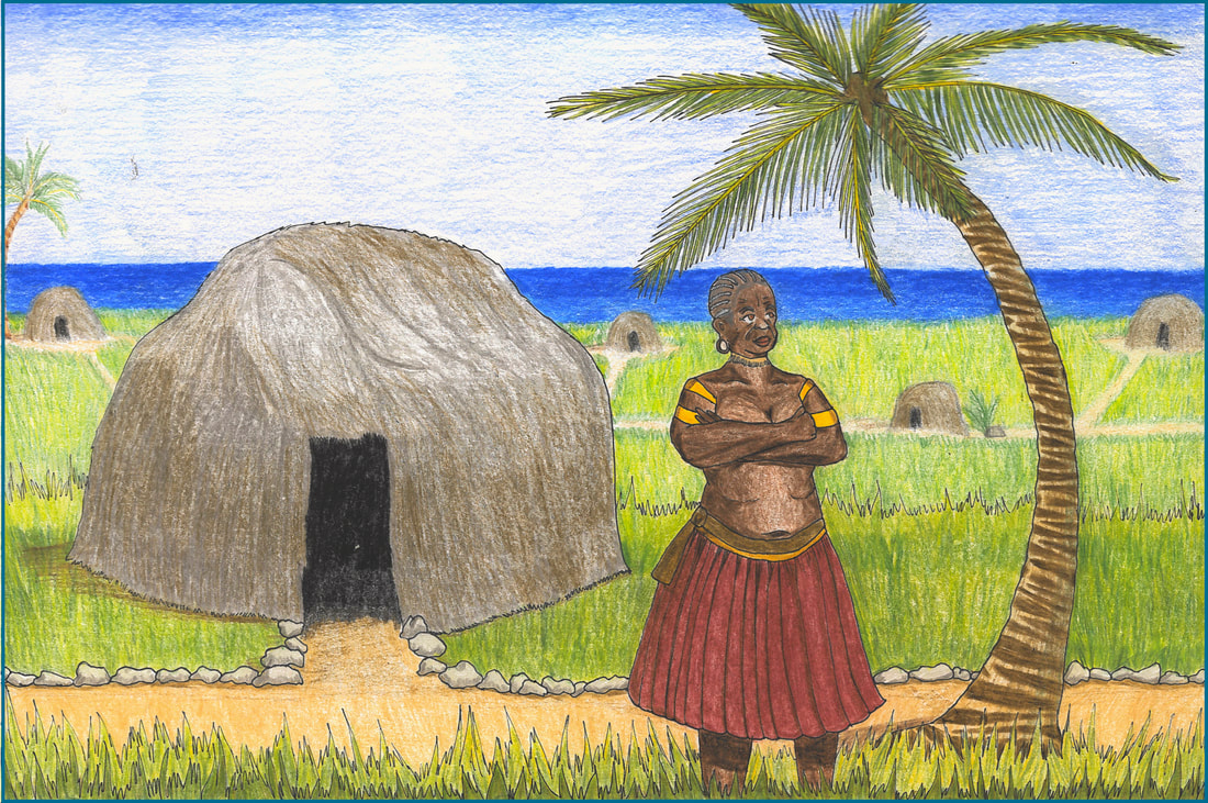 Picture. A middle-aged Black woman stands proudly with her arms crossed in front of a series of huts connected by paths. She is wearing a red skirt made out of barkcloth and golden bands around her biceps. Her short hair is braided in dreadlocks against her scalp. A palm tree looms over her, and the ocean is seen in the distance.