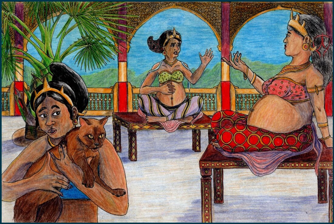 Picture. Three Burmese sisters are in a courtyard. Two are pregnant women sitting on wooden pedestals decorated with gold. They look like they are discussing or arguing about with hands raised. The third sister is a child in the foreground. While holding a Burmese cat, she looks over her shoulders at her sisters, listening. Behind them are a palm tree and a structure supported by red and gold pillars, with trees in the distance. All three of the sisters wear golden crowns.