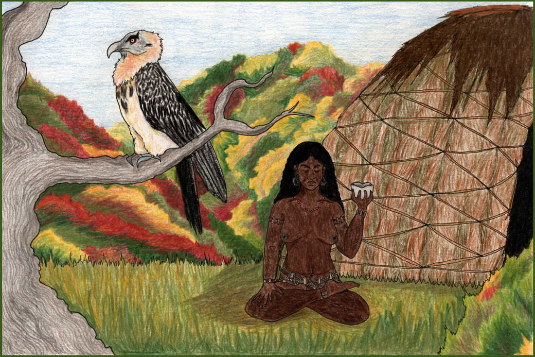 Picture. An Indian woman sits in the Lotus position next to a grass hut. She is wearing nothing except bone ornaments around her waist, wrists, biceps and ankles, as well as a necklace and earrings. Her eyes are closed in concentration and she holds a bone bowl in one hand. Next to her is a bare tree with a large vulture sitting on the branch. In the background is a mountain covered with autumnal trees.