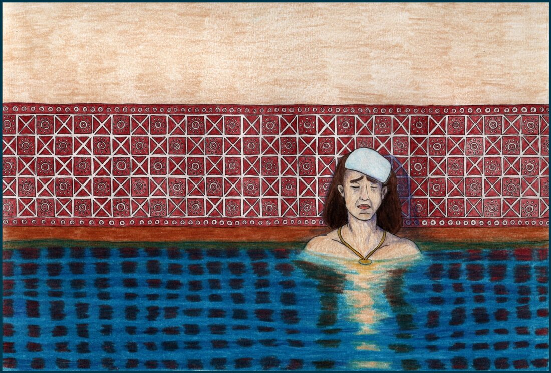 Picture. An Iranian woman sits in a bathing pool up to her collarbone. She is frowning in pain with a towel on her forehead. Behind her is an elaborate geometric pattern on the wall, reflected in the water below.