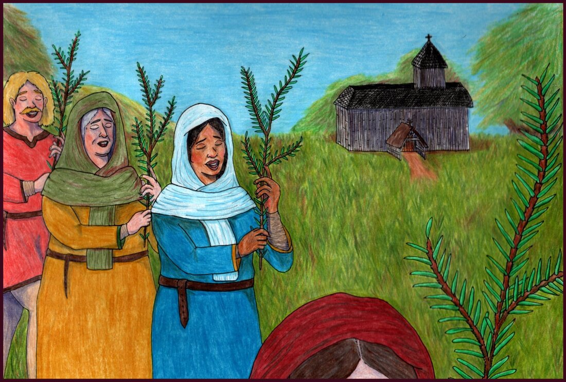 Picture. Four people process outside holding branches for Palm Sunday. The central figure is a Black woman wearing blue medieval clothing. In the background is a small wooden church. The people have their eyes closed and are singing as they walk.