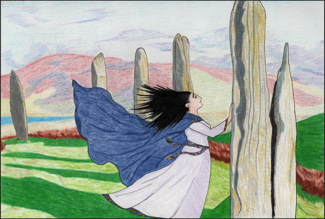 Picture. A young white woman with black hair stands in front of a tall grey standing stone. Her hair is blowing behind her in the wind, as is her dark blue cloak, light purple dress, and tartan belt. She has her hand on the stone and is looking up at it with a smile. The stone is part of a stone circle that casts shadows around her. There are water and hills in the distance.