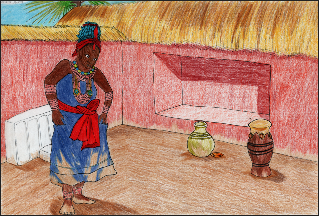 Picture. A Black woman stands in a courtyard with a dirt floor. She is wearing a blue dress tied with a large red belt. She wears coral jewellery on around her ankles, wrists, biceps, and neck. She also wears a tall red and blue crown, and her face shows lines of scarification. She is holding her dress and frowning down at the mud that has gotten on her clothes and feet. The courtyard has red walls and a thatched roof.
