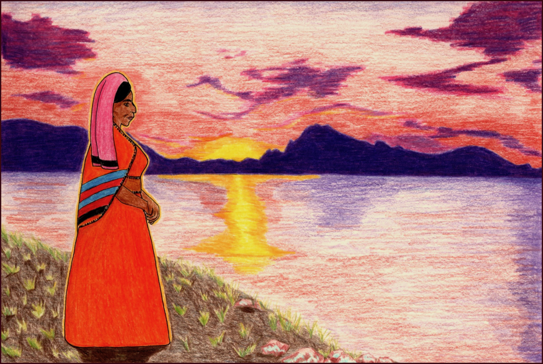 Picture. An Indigenous Andean woman stands on the shore of an island, looking out over a lake. The sun is setting, casting the scene in gold, pinks, and purples. The woman is wearing an orange dress with blue and black stripes on her cloak, and she also wears a pink head covering with black stripes on the end. She is frowning, looking worried and contemplative as she looks out on the water. On the horizon are purple mountains.