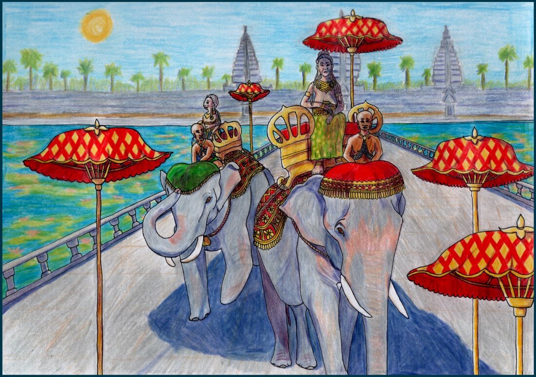 Picture. Two elephants walk across a stone causeway in a procession. They are decorated in gold and driven by bald Cambodian men. Each elephant has on its back a golden howdah with a red cushion, on which sits an elderly woman. The woman on the lead elephant has a green skirt and lavish gold jewellery on her neck and arms. Her earlobes stretch down to her chest with the weight of her earrings. In the distance is a moat with lotuses and a walled city.