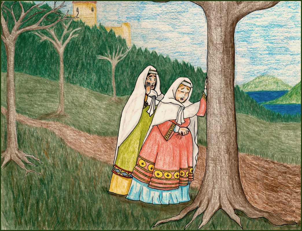 Picture. Two white women in medieval dresses stand next to a tree on a forest path. One is heavily pregnant and is clutching her stomach while leaning against a tree. She has just gone into labour. The other woman looks shocked. A castle looms above the forest in the distance.