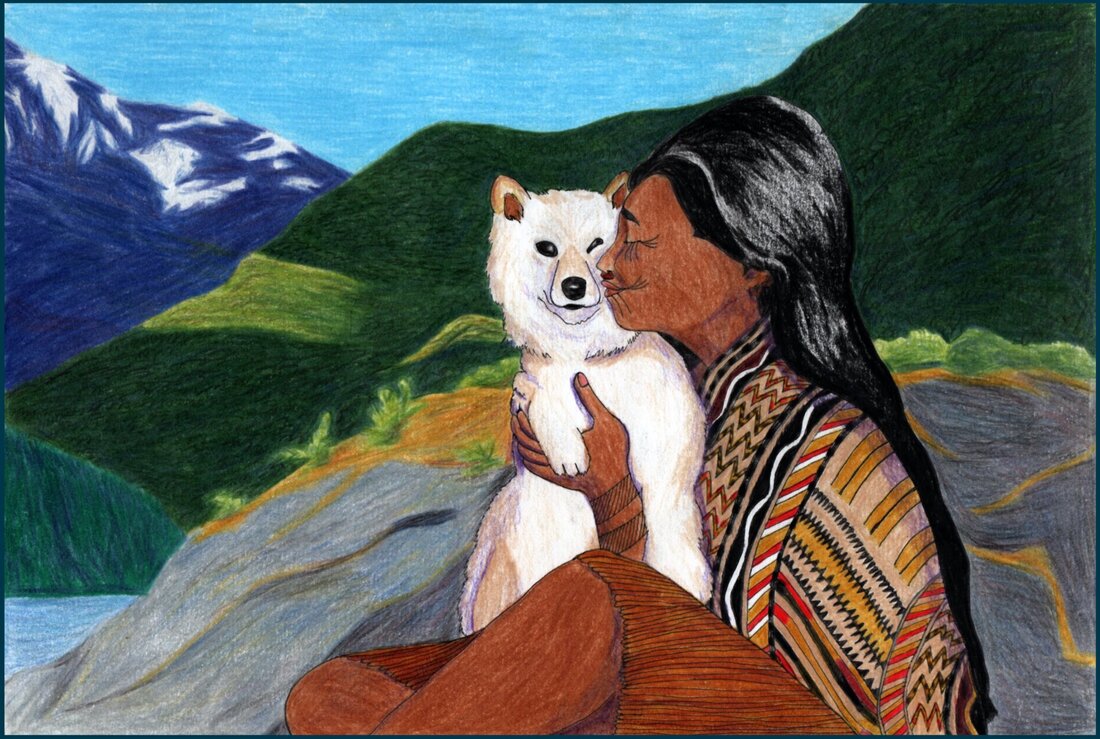 Picture. A Coast Salish woman hugs a long haired white dog. The woman has thin lines of tattoos on her face and hands and wears copper ornaments in her ears and nose. She is wrapped in a colourfully patterned blanket and wears a cedar bark skirt. The dog has its face squished against hers. They are sitting on an island with lichen on it and some shrubs. Beyond that is the water and heavily forested hills, with a distant snow-covered mountain.