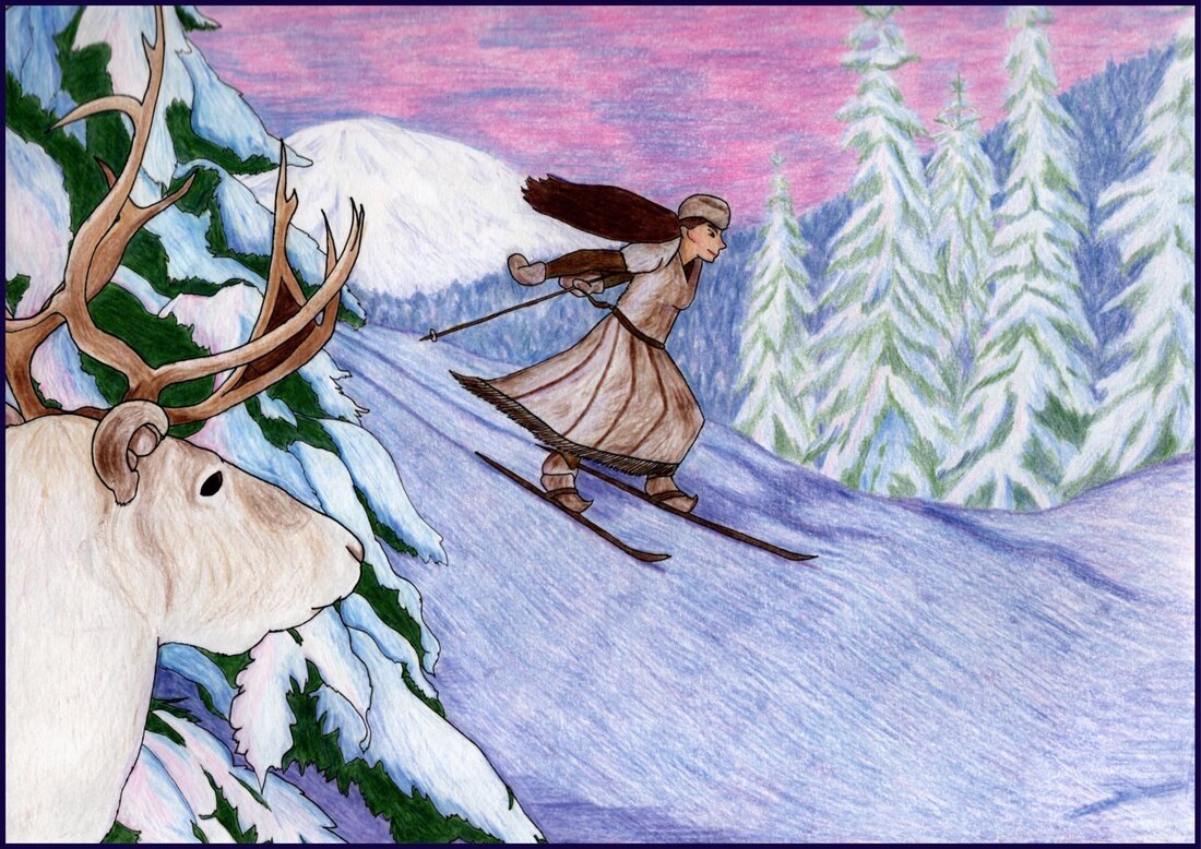 Picture. A Saami woman skiis down a hill. She is wearing brown furs and has a determined smile. The sky is pink and purple with sunset. Snow-covered pine trees flank her path on either side. Behind one of these trees, a reindeer watches her curiously.