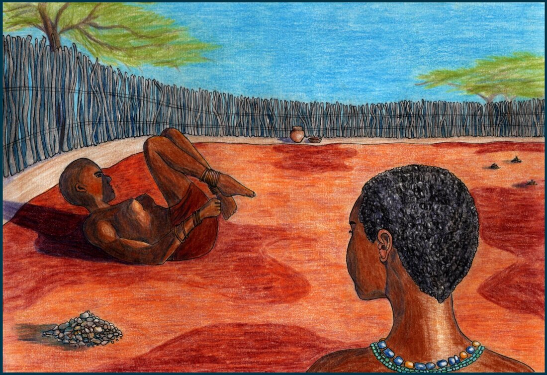 Picture. A Black teenage girl with a shaved head lies on the ground with her legs curling towards her chest in a difficult exercise. Another girl with short curly hair watches her. She is wearing blue and yellow glass bead necklaces. They are in a mudstone courtyard encircled by a wooden palisade, with mopane trees beyond.
